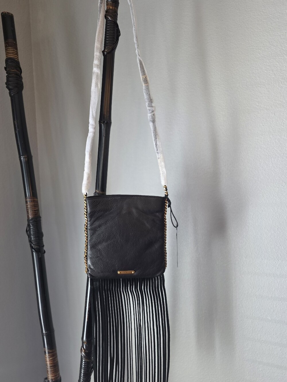 NWT REBECCA MINKOFF Black Fringe Crossbody Leather Bag with Gold Chain Strap